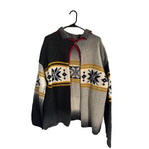 Cardigan Sweater Womens Black Gray Fair Isle Snowflake Chunky Knit Button Front